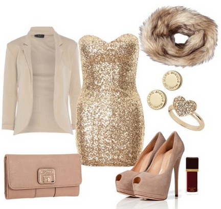 A Nude Combination for New Year Look, Sequined Coset Dress with Nude Pumps