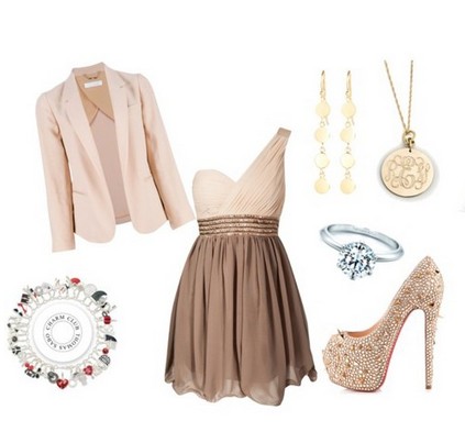 A Nude Combination for New Year Look, Sequined One-shoulder Dress with Nude Sequined Pumps
