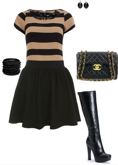 A Nude and Black Combination for New Year Look, Cocktail Sweater Dress with Black Knee-length Boots