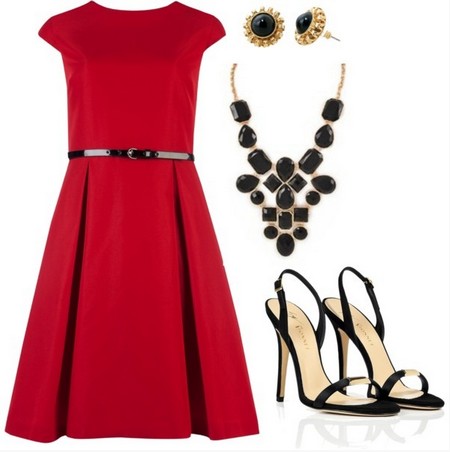A Red and Black Combination for New Year Look, Red Knee-length Cocktail Dress with Black Pumps