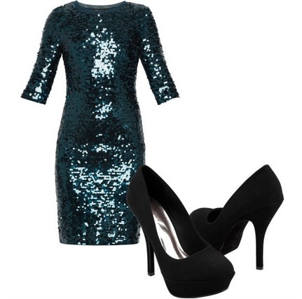 A Shinny Combination for New Year Look, Green Sequined Coset Dress with Black Pumps