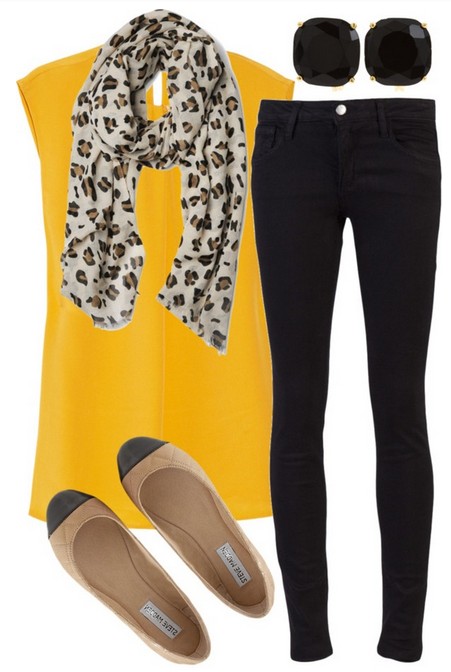 bright yellow blouse, skinnies and flats