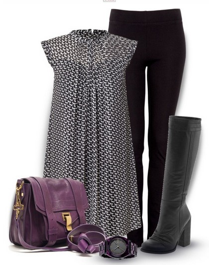 loose print blouse, black skinnies and knee-length boots