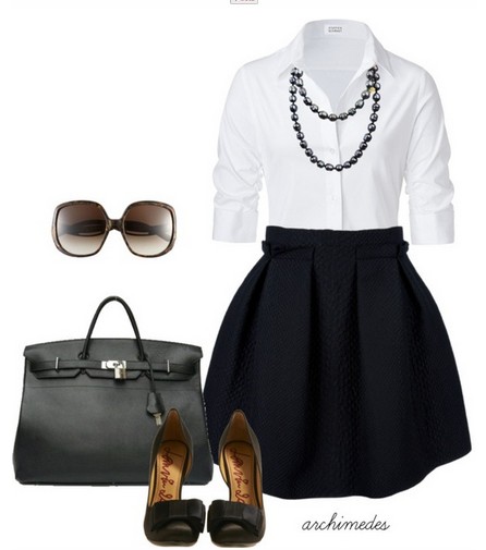 white shirt, little black skirt and black sandles
