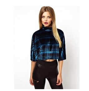 ASOS Top with High Neck in Velvet Check