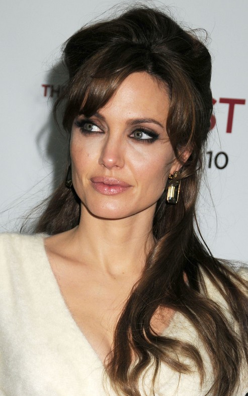 Angelina Jolie Long Hairstyle: Half Up Half Down with Bangs