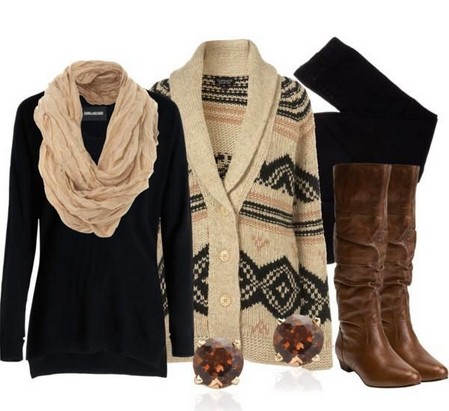 Black & Brown Outfit, Aztec Cardigan with Knee-length Boots