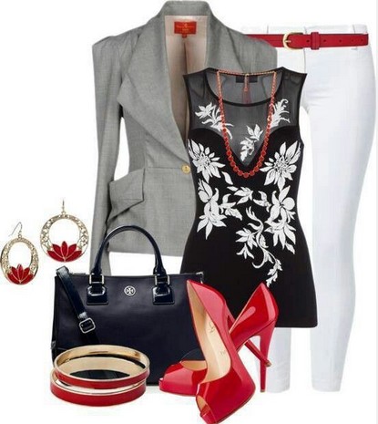 Black, grey, red outfit - Black Print Blouse. Blazer. White Skinny Jeans. Red High Heels.