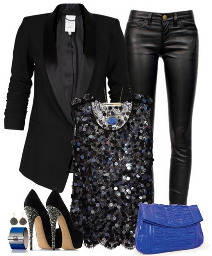 Black outfit for 2014, black suit, leather pants and sequined top