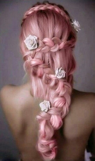 Braided Pink Hairstyle with White Roses for Long Straight Hair