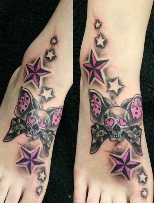 Butterflyskull Stars pink: Girls foot tattoo designs