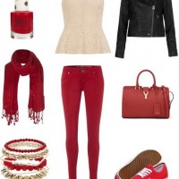 Casual Red Outfit, black leather jacket, embroidered top and red sneakers