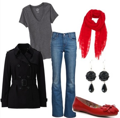 Casual Red Outfit, black peacoat and red flats