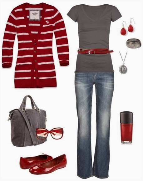 Casual Red Outfits, Super Cute Striped Cardigan and Flats