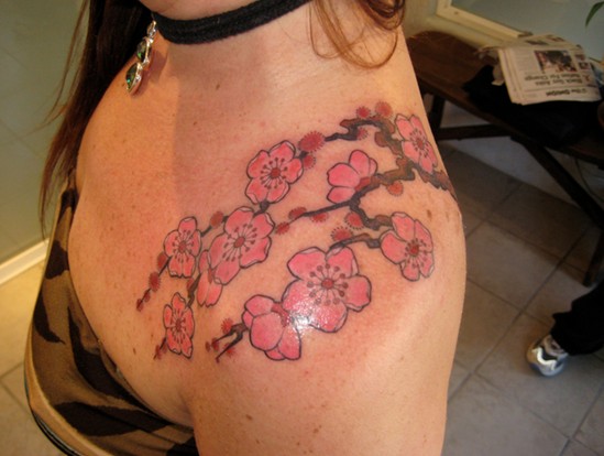 Cherry Tattoos Designs:cherry blossom flower tattoos on shoulder for girl/Source