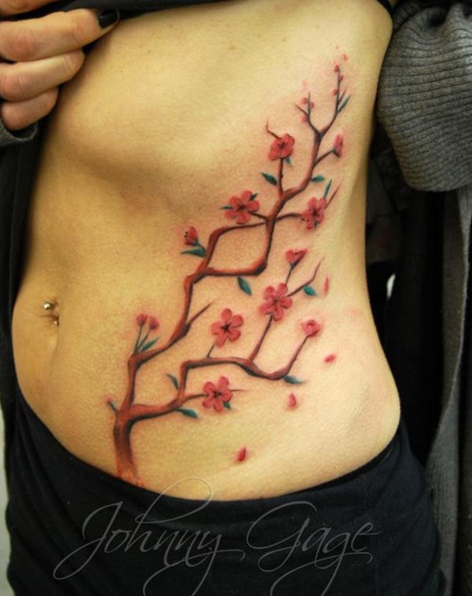 Cereja Tatuagens de Desenhos: A flor de cerejeira tatuagem nas costelas