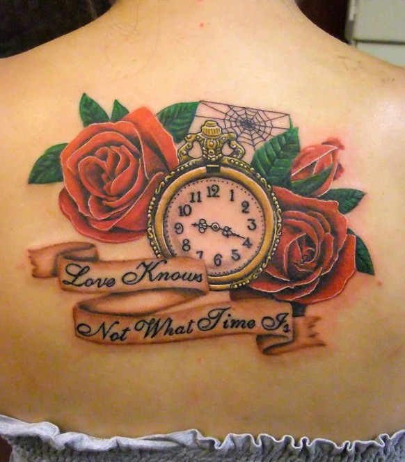 Clock and rose tattoo