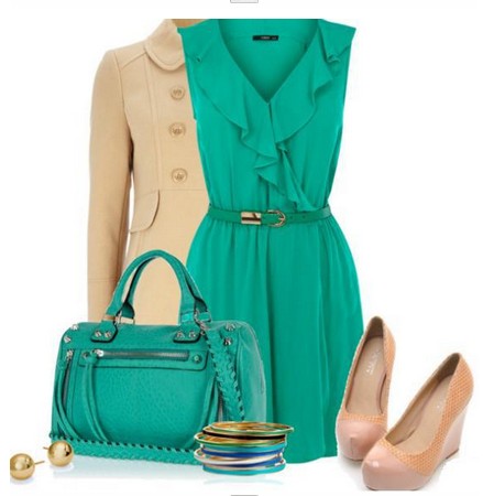 Daily Outfit Look, Beige windbreak, teal cocktail dress and nude wedges