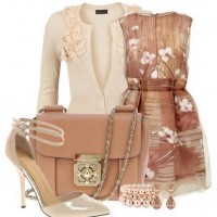 Daily Outfit Look, floral print dress, beige cardigan and nude high heels
