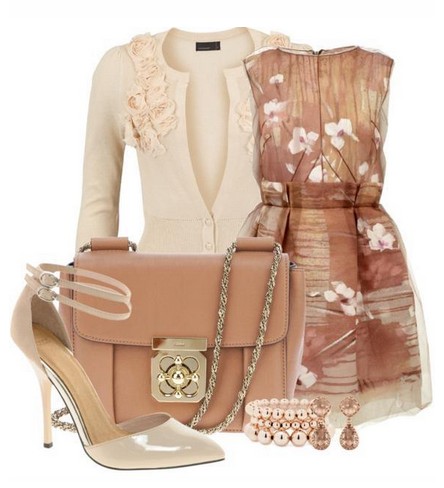 Daily Outfit Look, floral print dress, beige cardigan and nude high heels