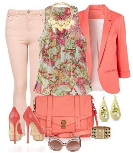 Daily Outfit Look,floral print top coral suit and pumps