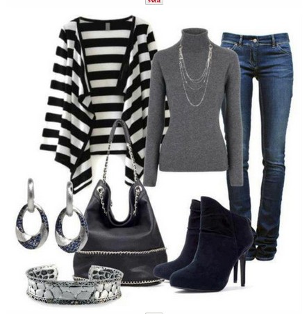 Daily Outfit Look,striped cardigan, grey turtle neck sweater and ankle boots