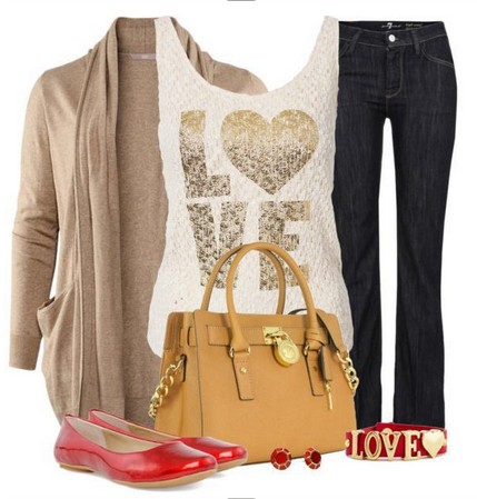 Daily Outfit Look,tan cardigan, jeans and red flats