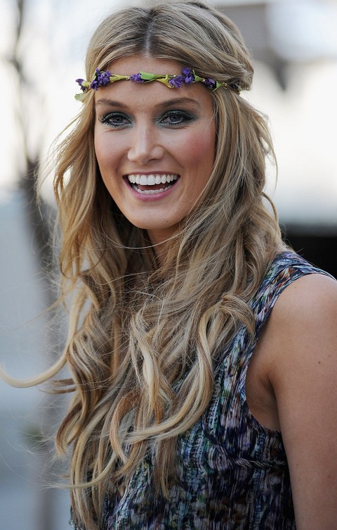 Delta Goodrem Hairstyles: Center-parted Long Curls with Headband