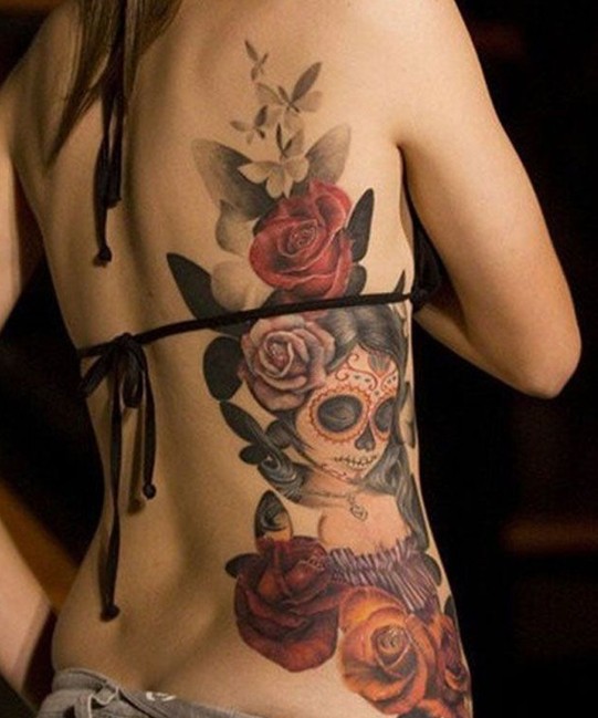 Flower and skull tattoo design