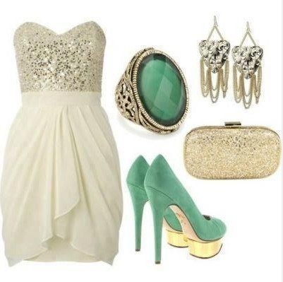 Formal Outfit, Strapless Cocktail Dress, Green Pumps