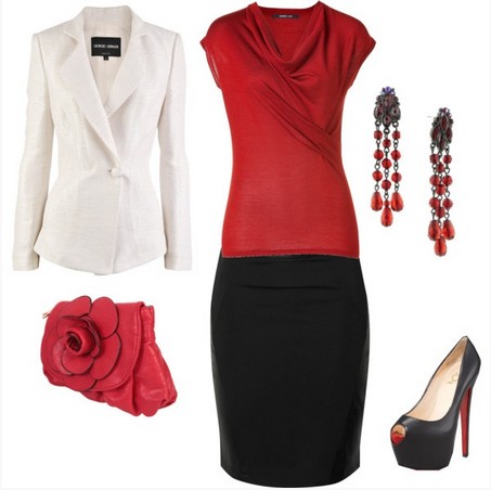 Formal outfit, black pencil skirt and red knit top