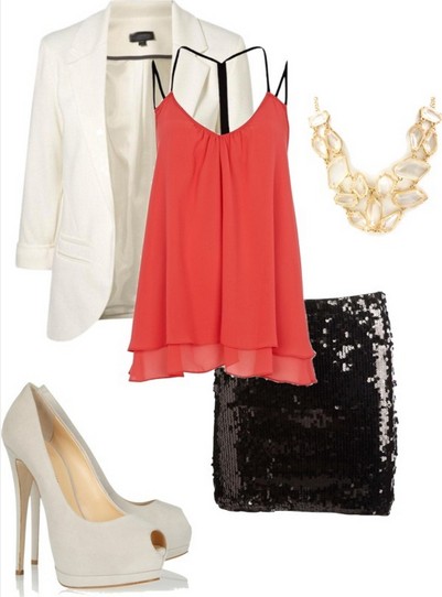 Formal outfit, orange tank top and flashy black pencil skirt