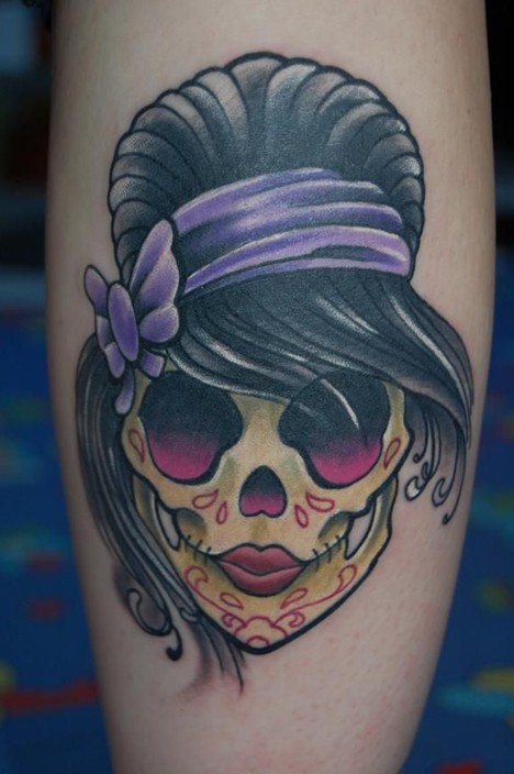 Girly Sugar Skull done in Black pearl tattoo studio