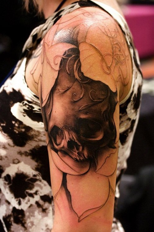 Skull And Roses Sleeve Tattoo