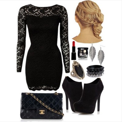 Ivory formal outfit with accessories, Black lace mini-dress