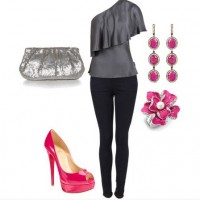 Layered One-shoulder Top Outfit with Pink Pumps