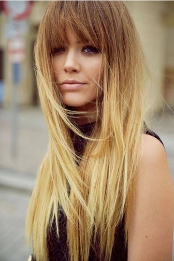 Long Straight Brown Ombre Hairstyle with Blunt Bangs