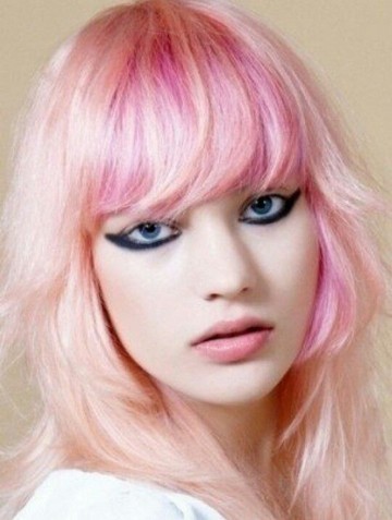 Medium Layerd Pink Hairstyle with Blunt Bangs for Girls