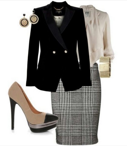 Plaid Outfit for Formal Occasion, Black suit, Plaid pencil dress and Nude pumps