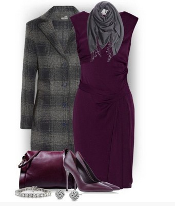 Plaid Outfit for Formal Occasions, Long Plaid Coat, a Solid Dress and Purple Pumps