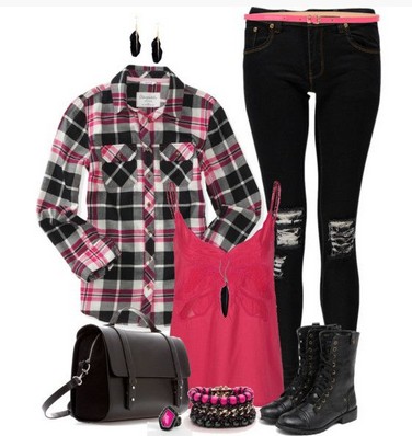 Plaid Outfit, plaid shirt, print skinnies and boots