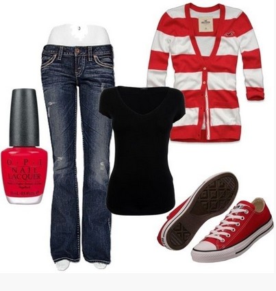 Casual Red Outfit, Red and White striped cardigan,jeans and sneakers