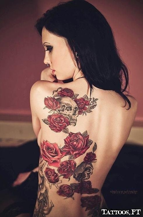 Roses and Skull Tattoo for Women: Back Tattoos