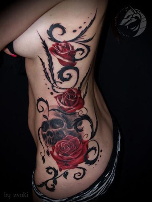 Skull and Rose tattoo on side of body
