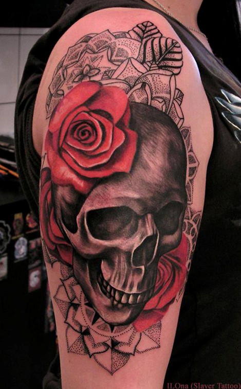 Skull and Roses Tattoo on Upper Arm