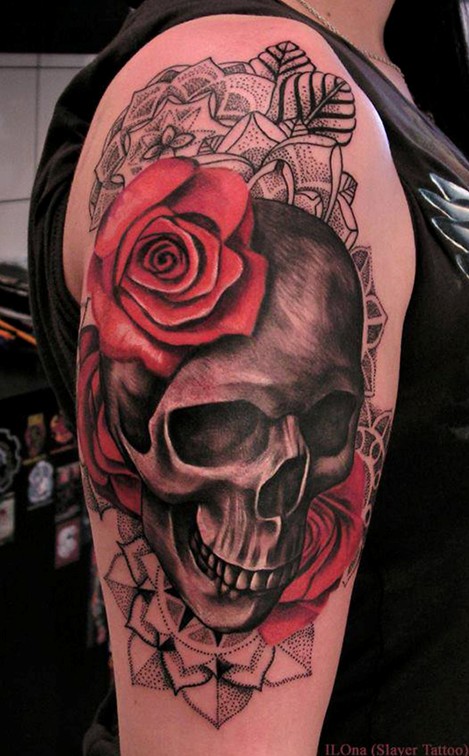 Skull And Roses Sleeve Tattoo