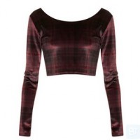 TOPSHOP Long Sleeve Check Velvet Crop Top