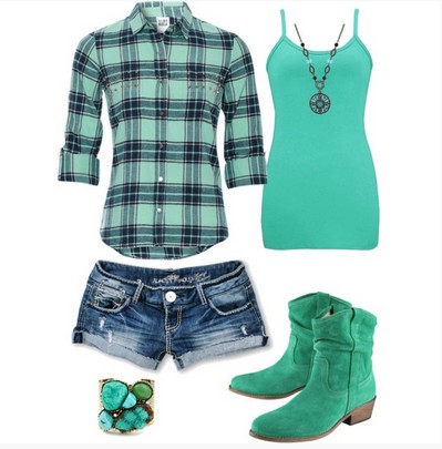Teal Plaid Outfit, teal plaid shirt, hot shorts and boots