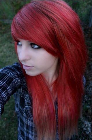 The Bloody Red Colored Emo Hairstyle with Long Side Bangs