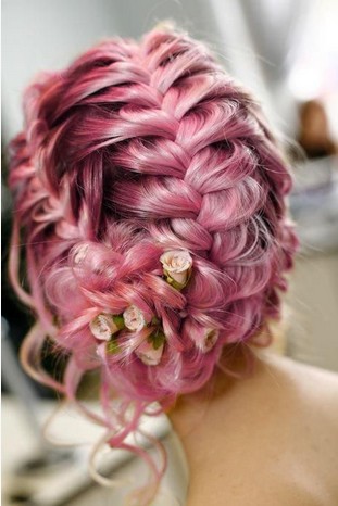 The Fantastic Purple Colored Braided Updo Hair with Flower Decoration